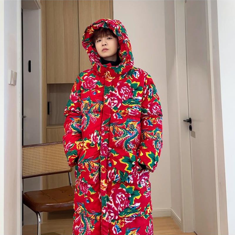 [YEFENG Series]★China style cotton coat★3color tops, floral pattern, winter coat, long length, unisex, men's, large size, black, red, green, blue