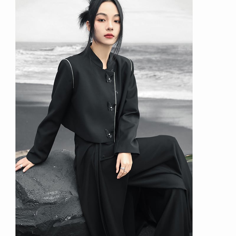 ✿New item! [Big Blue Dragon Series] ★China style outerwear★ Blazer, short length, easy to match, simple, black, black