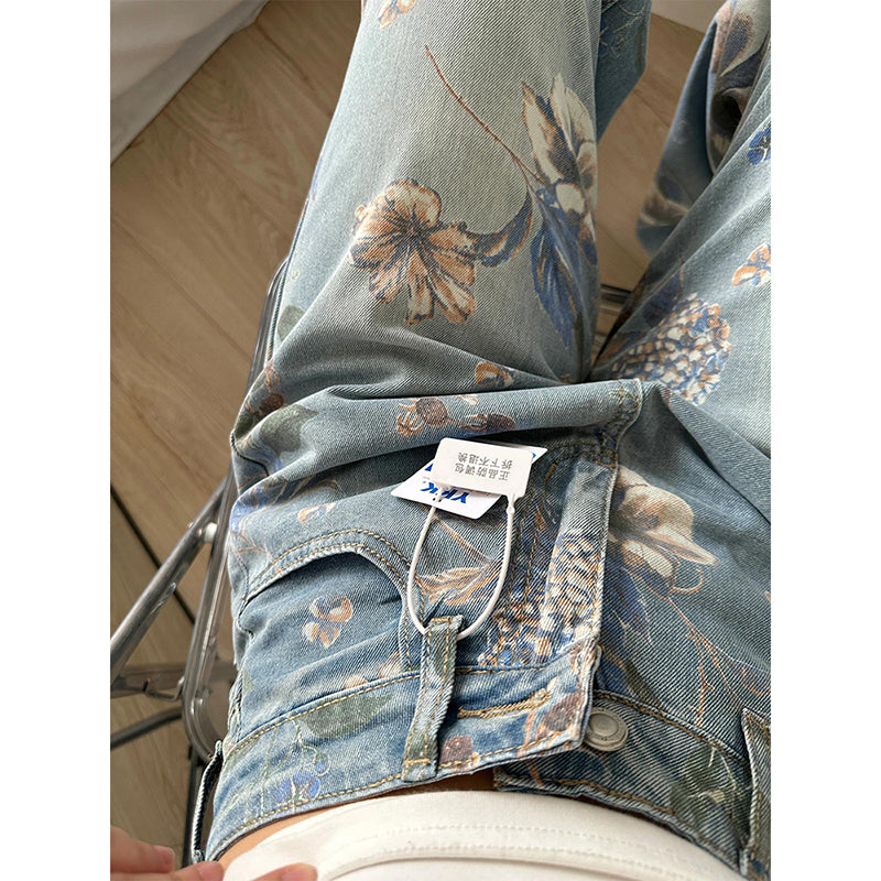 [OURI Series] ★Denim pants★ Trousers Bottoms Casual Easy to match Women's Floral print