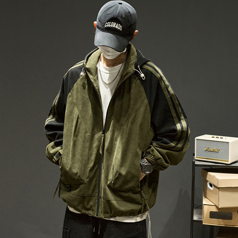 [ZHUOKAI Series] ★Jacket★ 2color outerwear, unisex, men's color scheme, hat included, vertical stripes, striped pattern