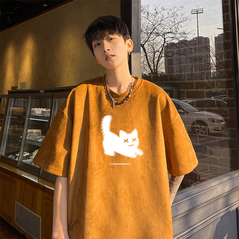 【NANSHIシリーズ】★Tシャツ★ 5color トップス 半袖 男女兼用 メンズ 大きいサイズ スエード 猫 猫柄 ねこ ネコ