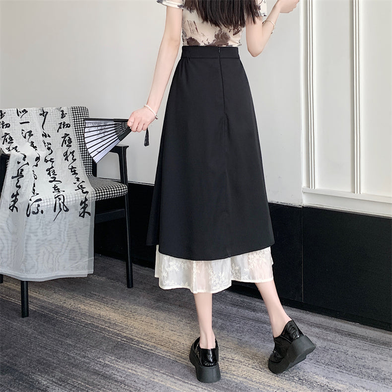 [FQXD Series]★China Style Skirt★ Bottoms Ladies Switching Black Black Elastic Waist