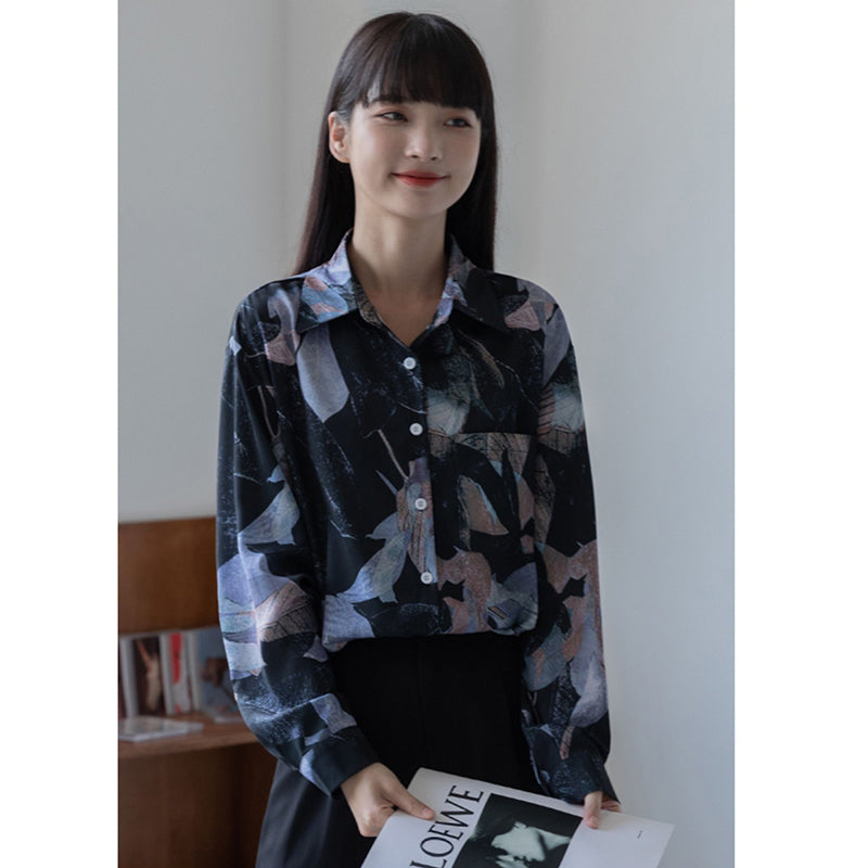 [YOUZI Series] ★Shirt★ Tops Long Sleeve Shirt Floral Shirt Women's Chiffon Print Retro