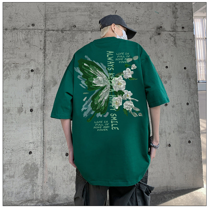 【V37シリーズ】★Tシャツ★ 5color トップス 半袖 油絵風 男女兼用 メンズ 大きいサイズ コットン 黒 緑 白