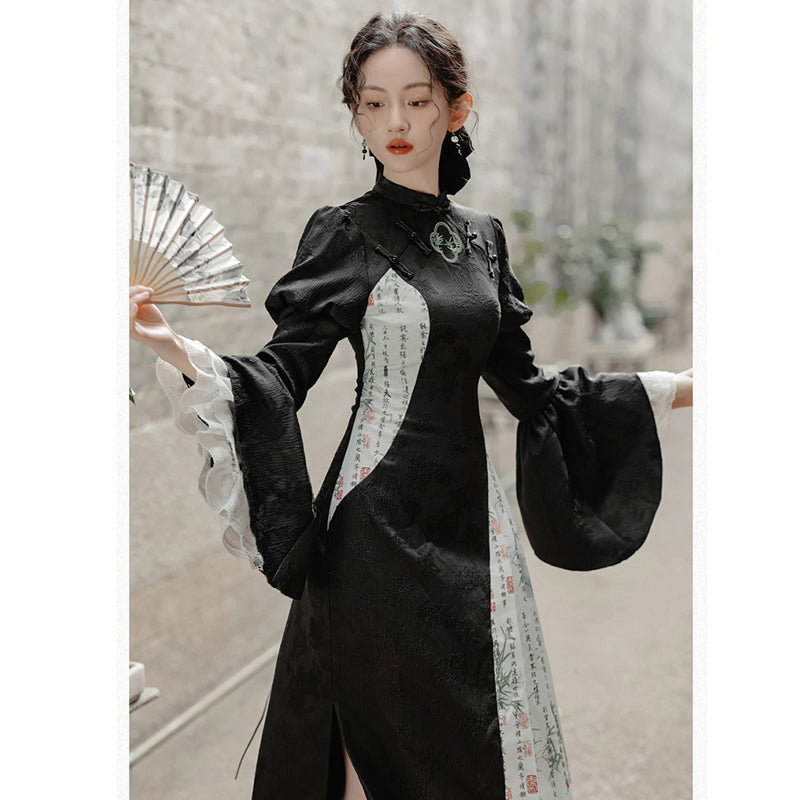 [Ink year flower series] ★China style dress★ Improved cheongsam dress Switching Letter pattern Kanji pattern Black Black