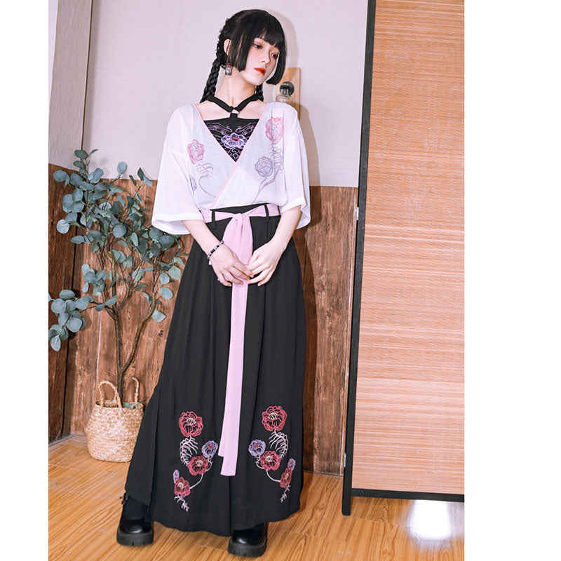 [Kokaisha Series] ★China style pants★ Chiffon gaucho pants Spring/Summer Loose Black Black SML XL