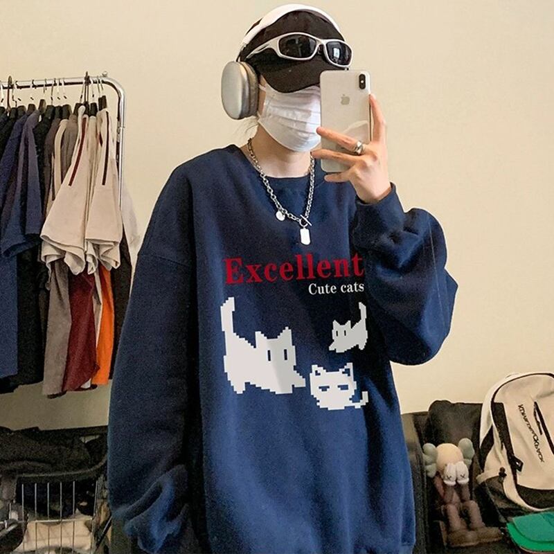 [XIHA Series] ★Tops★ 8color Sweatshirt Unisex Men's Large Size Cat Cat Blue White Black Gray Red Green