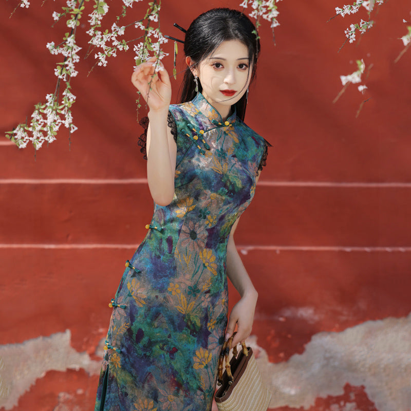 [HLQ Series] ★Chinese Dress★ Chinese-style dress, floral pattern, retro, Republic of China style, long length, switching, slimming