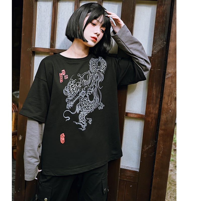 ✿New item! [Old Monster --- Cloudflies Series] ★China style tops★ T-shirt fake layered dragon dragon crest unique