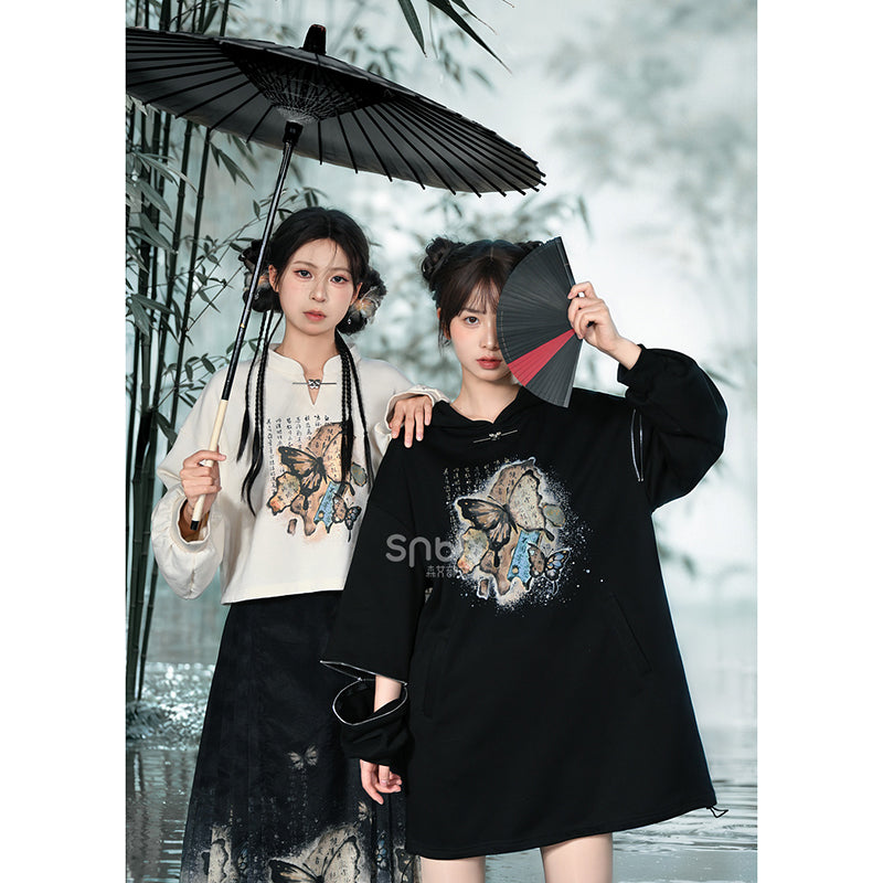 [Mori Onna Buraku Series] ★China style tops★ 2color butterfly short length sweatshirt original easy to match