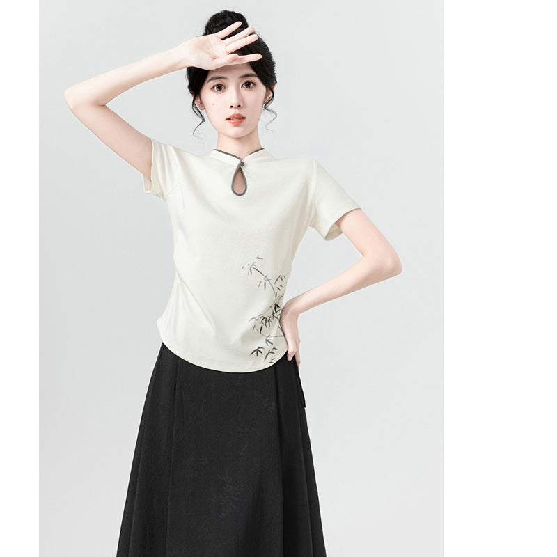 [WEIWU series] ★Chinese style tops★ 2 colors Short sleeve T-shirts for women Easy to match Slimming Cute