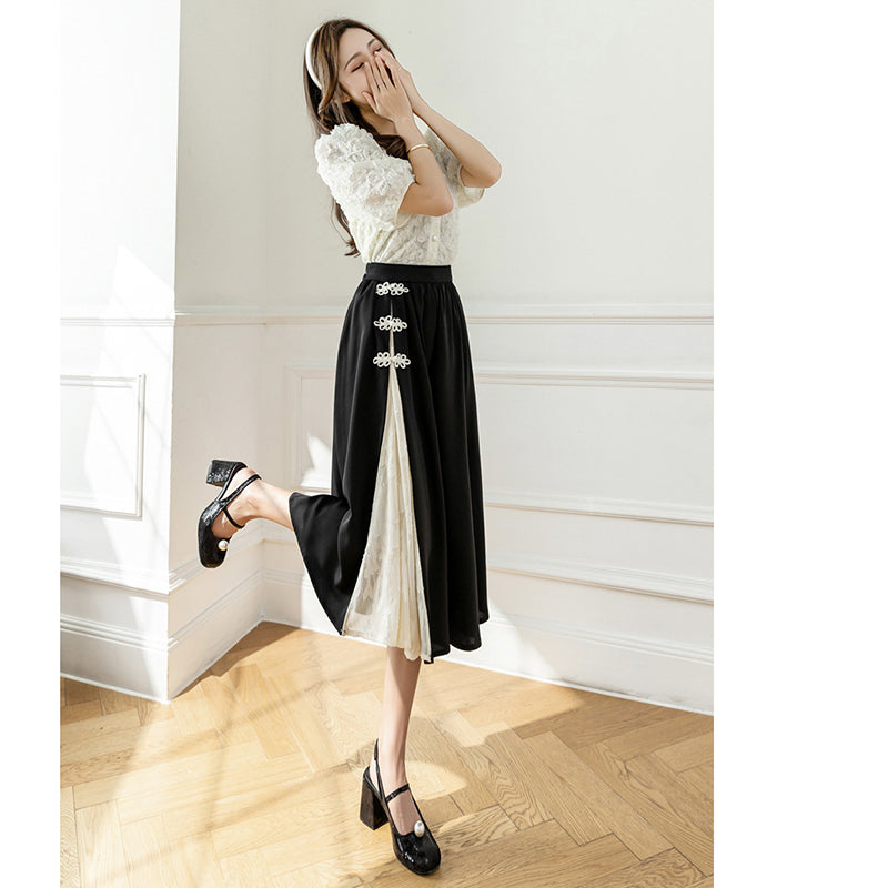 [Women's University 18 Series] ★China Style Skirt★ Bottoms Ladies Switching Black Black Elastic Waist