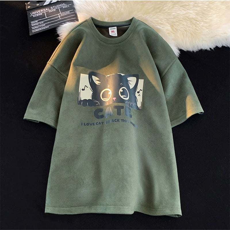 【PPGシリーズ】★Tシャツ★ 5color トップス 半袖 男女兼用 メンズ 大きいサイズ スエード 猫 ねこ ネコ 猫柄