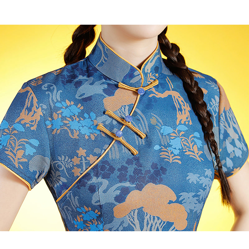 [SHISHANG Series]★Cheongsam dress★ Chinese style dress, short sleeves, short length, blue, blue, large size