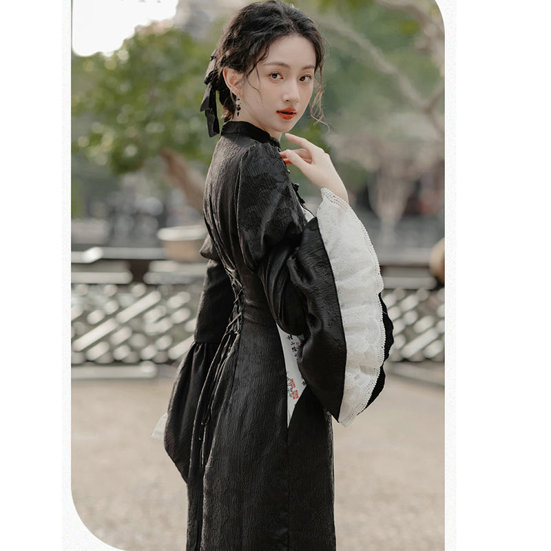 [Ink year flower series] ★China style dress★ Improved cheongsam dress Switching Letter pattern Kanji pattern Black Black