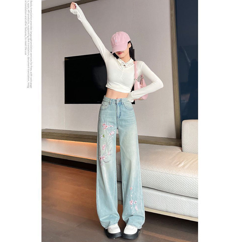 [OURI Series] ★Denim pants★ Trousers Bottoms Floral pattern Casual Easy to match Ladies Fashionable