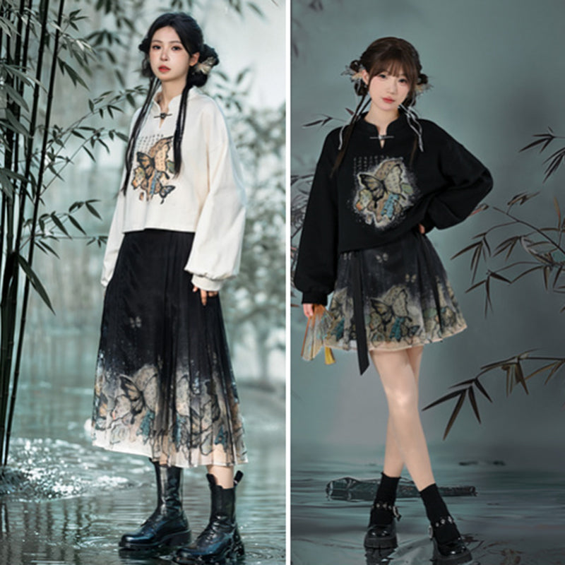 [Mori Onna Buraku Series] ★Chinese style skirt★ 2 types available Long length or short length Bottoms Butterfly Chinese clothing