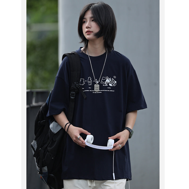 【NCLLWシリーズ】★Tシャツ★ 4color トップス 半袖 男女兼用 メンズ カートゥーン 青 白 緑 灰 合わせやすい