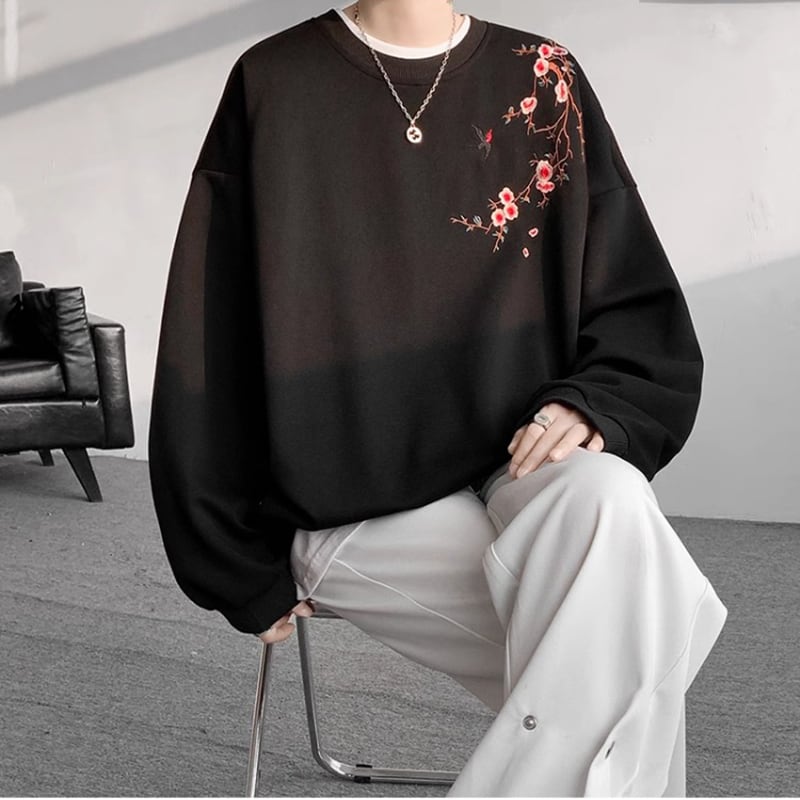 [CHAOMEICHEN Series]★China style tops★ 4color embroidered sweatshirt unisex men's large size black red gray