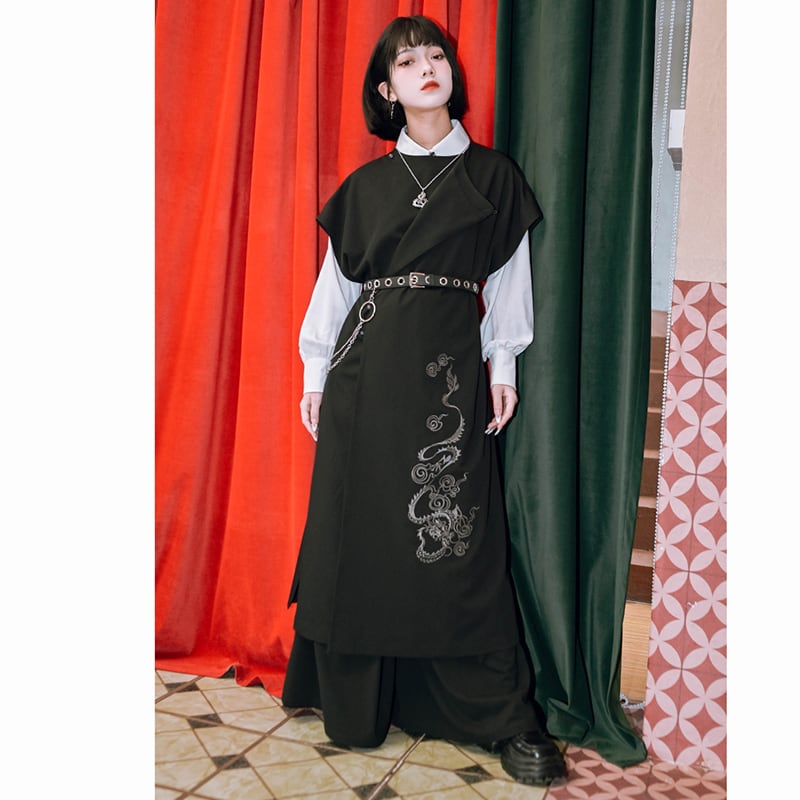 ✿New item! [Old Monster---Tatsuryu Series] ★Chinese style dress★ Sleeveless Hanfu dress Black Black