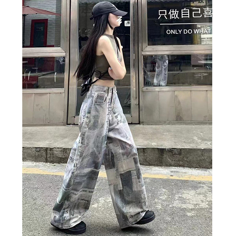 [OURI Series] ★Denim pants★ Trousers Bottoms Casual Ladies Retro Print Improve your style