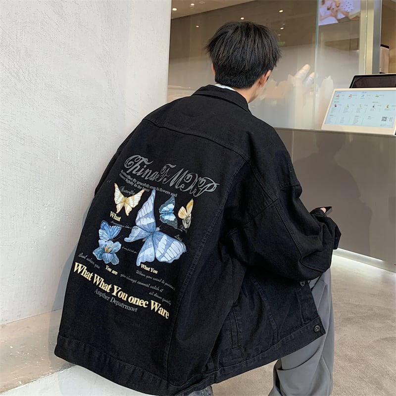 [V37 series]★Jacket★ 3color outerwear unisex men's denim jacket jeans butterfly print blue black