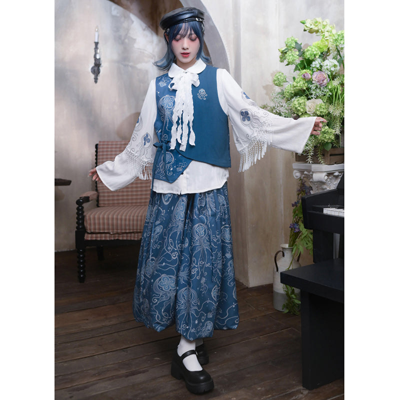 [Kokaisha---Butterfly Gin Series] Chinese-style trousers, bottoms, gaucho pants, original, slimming, switching, floral pattern