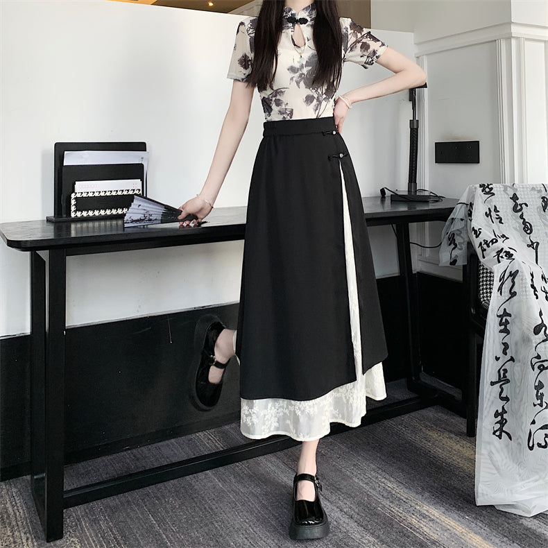 [FQXD Series]★China Style Skirt★ Bottoms Ladies Switching Black Black Elastic Waist