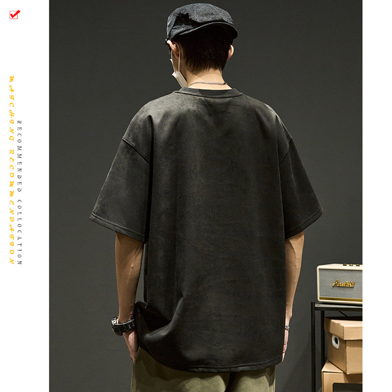 [SZON Series]★T-shirt★ 3color embroidery tops Unisex Men's Suede Black Apricot Coffee Color