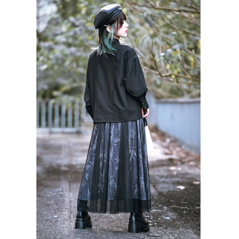 [Kokaisha --- Chichiku Series] ★China style skirt★ Bottoms velvet black black switching floral pattern