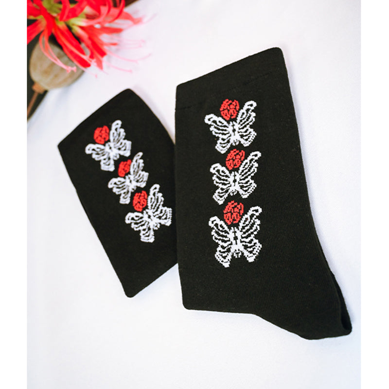 [Kogakusha---Flower Bone Series] ★Socks★ Chinese-style socks, cotton, butterfly print, easy to match, black