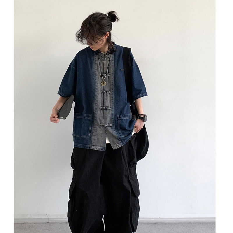 [JIWU series] ★Chinese style tops★ 2 colors Shirt Outerwear Short sleeve Denim Unisex Men's Casual Black Blue