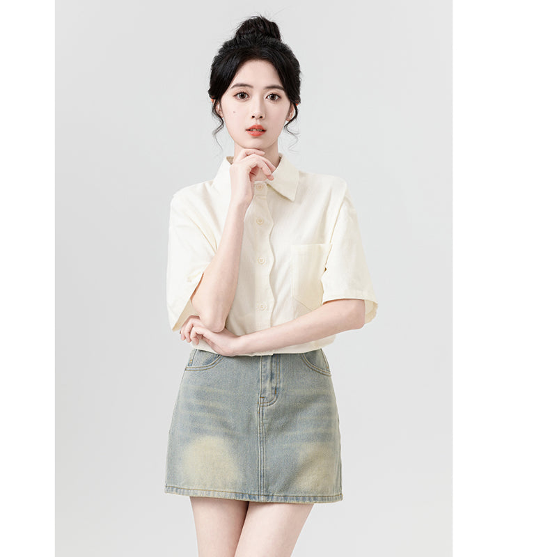 [WEIWU Series] ★Shirt★ 2 colors Short sleeve Tops for women Easy to match Improve your style Purple Beige