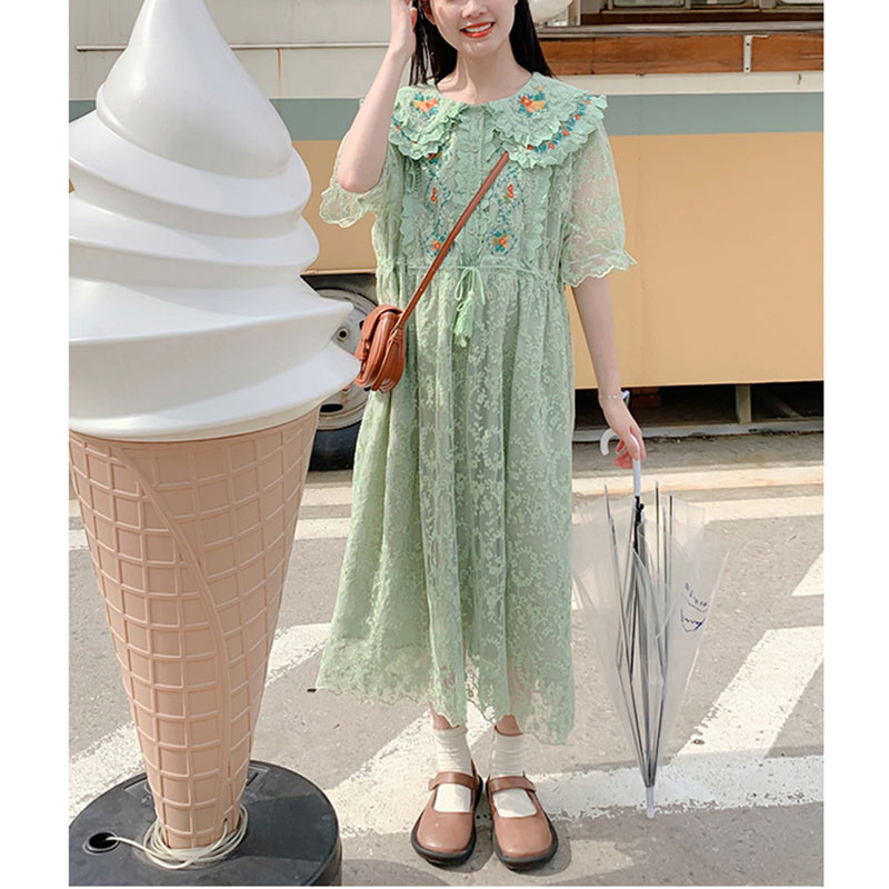 [MUCHA Series] ★One Piece★ Lace Embroidery Ladies Cute Temperament Up Date Commuting Green Green