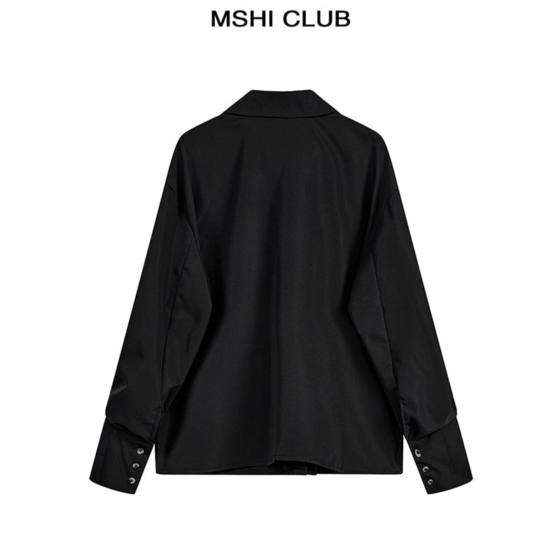 [MSHI CLUB Series] ★Chinese style tops★ Shirt Letter pattern switching Long sleeve shirt Black Black