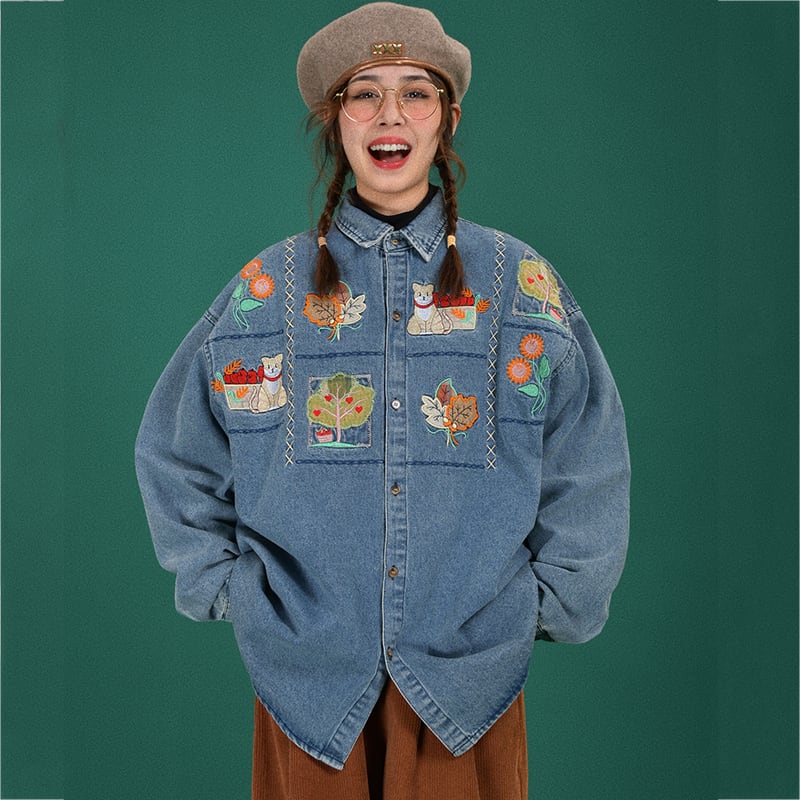 [C2 Series]★Shirt★ Denim shirt tops long sleeve shirt jeans embroidery cat cat cat unisex men's loose fit