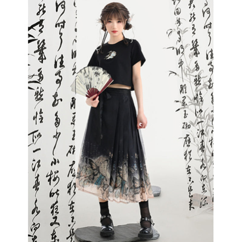 [Mori Onna Buraku Series] ★Chinese style skirt★ 2 types available Long length or short length Bottoms Butterfly Chinese clothing