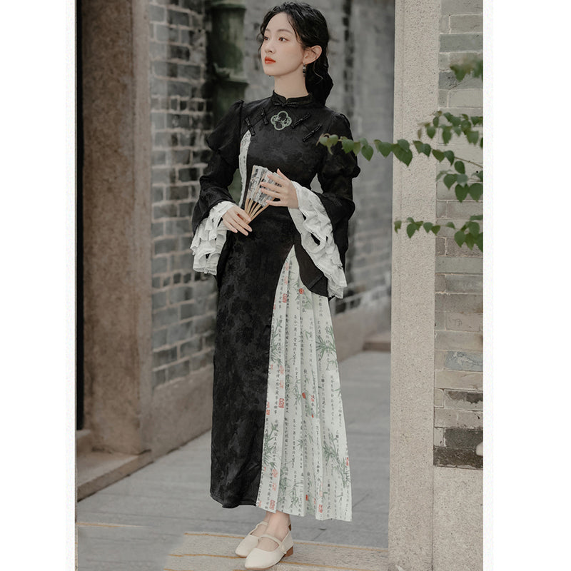 [Ink year flower series] ★China style dress★ Improved cheongsam dress Switching Letter pattern Kanji pattern Black Black