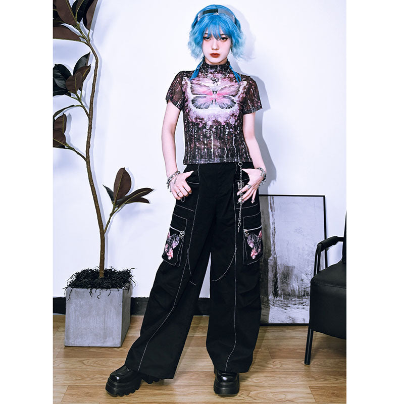 [Kokaisha---Butterfly Gin Series] Chinese-style trousers, bottoms, gaucho pants, original, slimming, switching, floral pattern