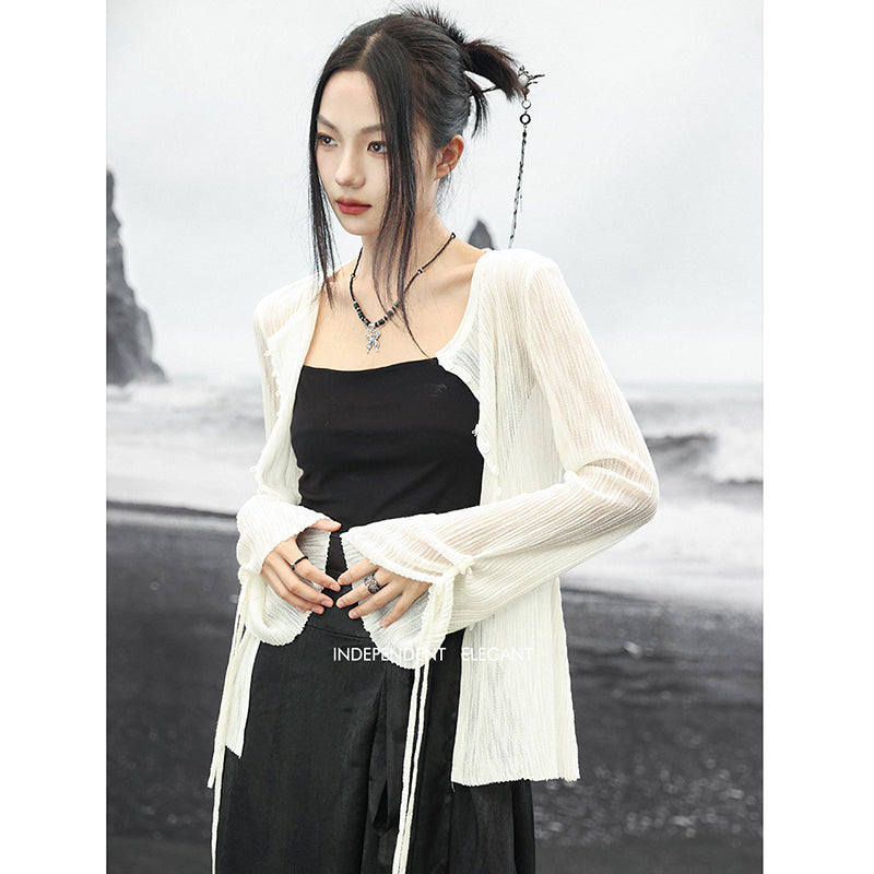 [Daiseiryuu 4 Series] ★Chinese-style top★ V-neck, sheer, long-sleeved shirt, sun protection, Chinese clothing, sexy, black