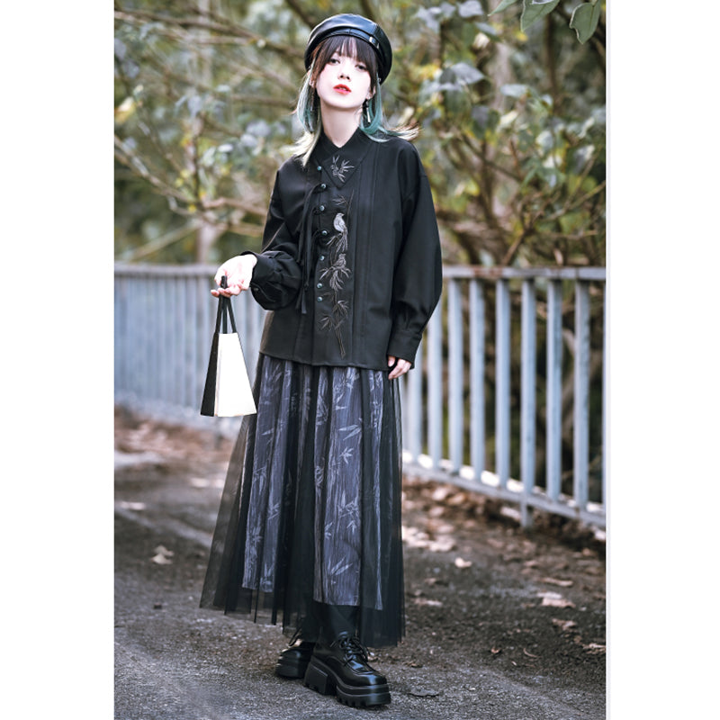 [Kokaisha --- Chichiku Series] ★China style skirt★ Bottoms velvet black black switching floral pattern