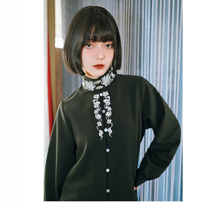 ✿New item! [Old Monster---Tatsuron Series] ★China style shirt★ 2color embroidery tops long sleeve shirt original cute black white