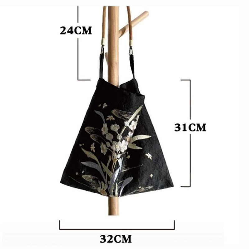 [DDM Series]★China style bag★ Embroidery shoulder bag floral pattern cute commuting date black black easy to match