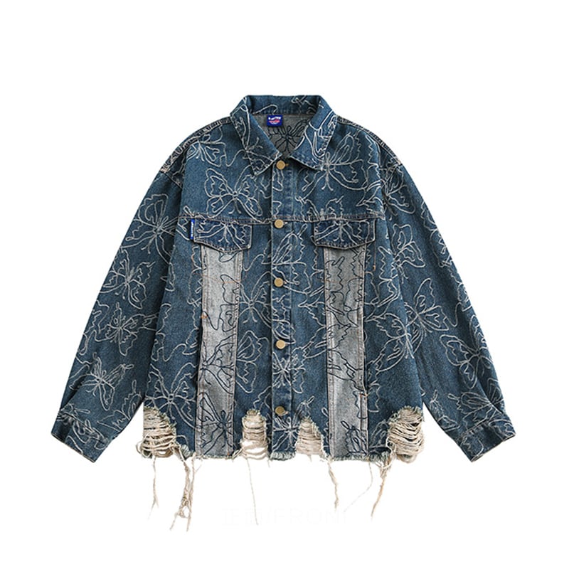 ✿New item! [UATONLINE Series]★Jacket★ Denim jacket Butterfly pattern outerwear Unisex Men's Stylish Blue Blue