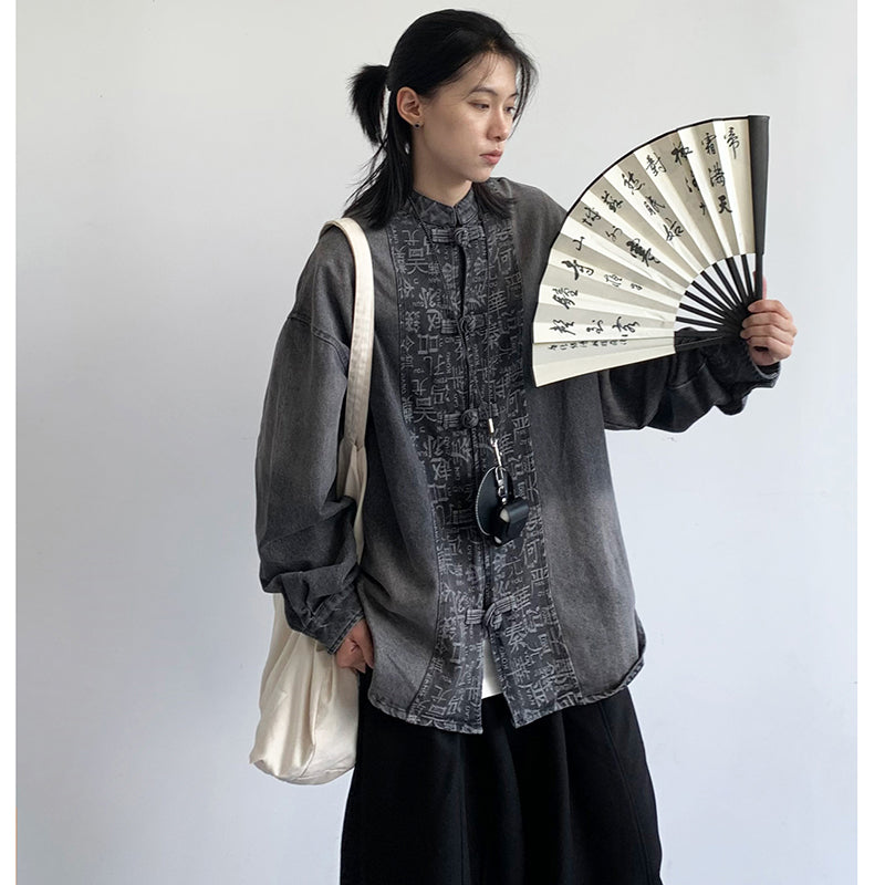 [JIWU series] ★Chinese style tops★ 2 colors Shirt Outerwear Short sleeve Denim Unisex Men's Casual Black Blue