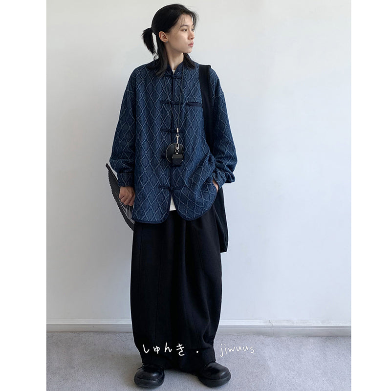 [JIWU series] ★Chinese style tops★ 2 colors Shirt Outerwear Short sleeve Denim Unisex Men's Casual Black Blue