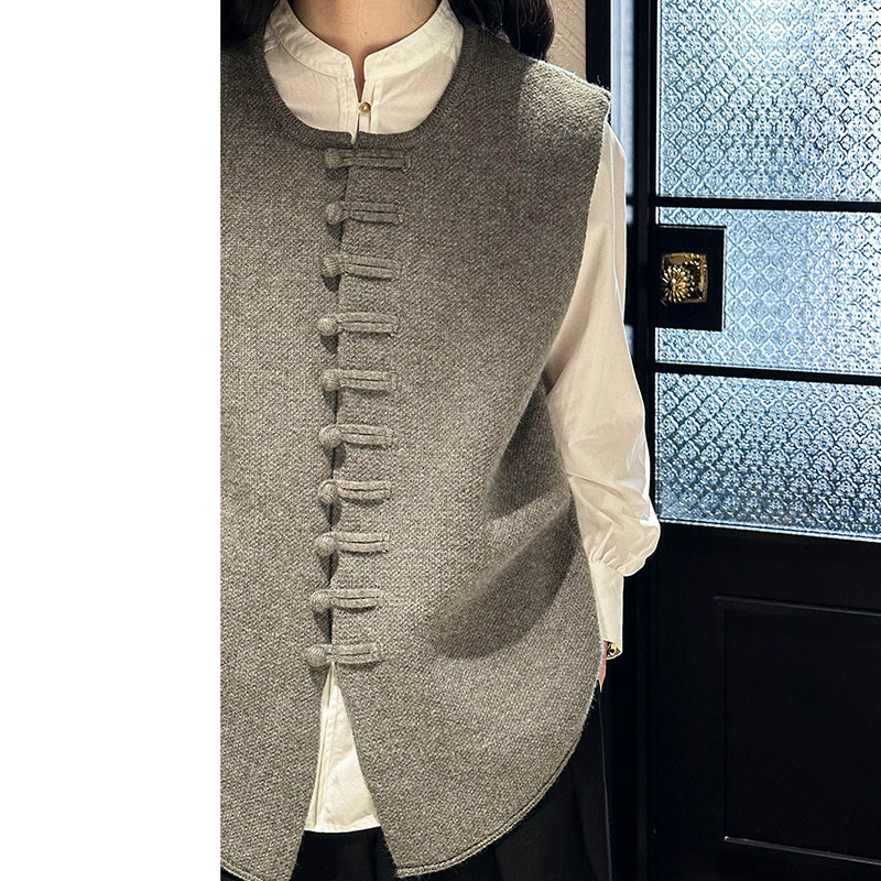 [Tachibana Series] ★China style tops★ 4color Vest Knit Ladies Improves temperament Black Gray Light Green Brown