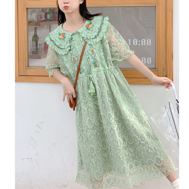 [MUCHA Series] ★One Piece★ Lace Embroidery Ladies Cute Temperament Up Date Commuting Green Green