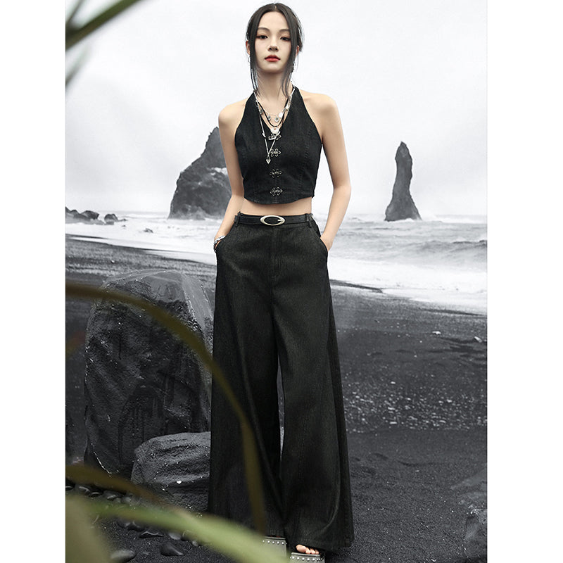 [Big Blue Dragon Series]★China style trousers★Bottoms Gaucho pants Loose Casual Black Black