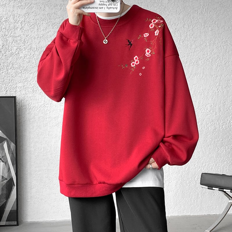 [CHAOMEICHEN Series]★China style tops★ 4color embroidered sweatshirt unisex men's large size black red gray